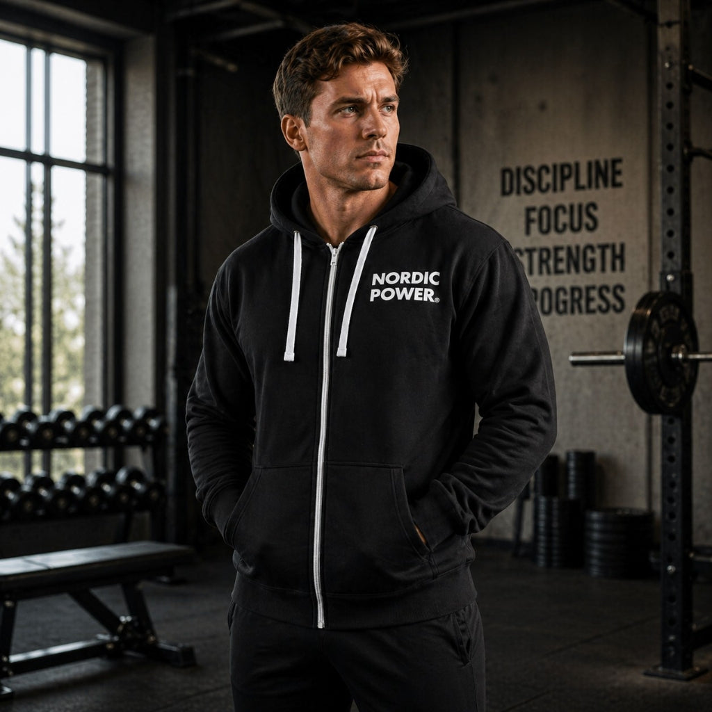 Sort Hoodie, Hættetrøje med lynlås Str. XL, sporty fit - NORDIC POWER